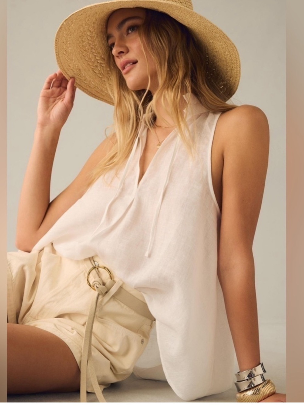 (BOGO FREE) Anthropologie  Pilcro Linen Tavi Tank Top White Extra Small XS